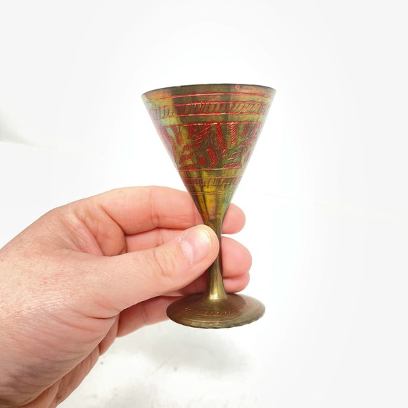 Vintage Brass Hand carved Painted Goblet Cup Gold Red - Picture 3 of 7